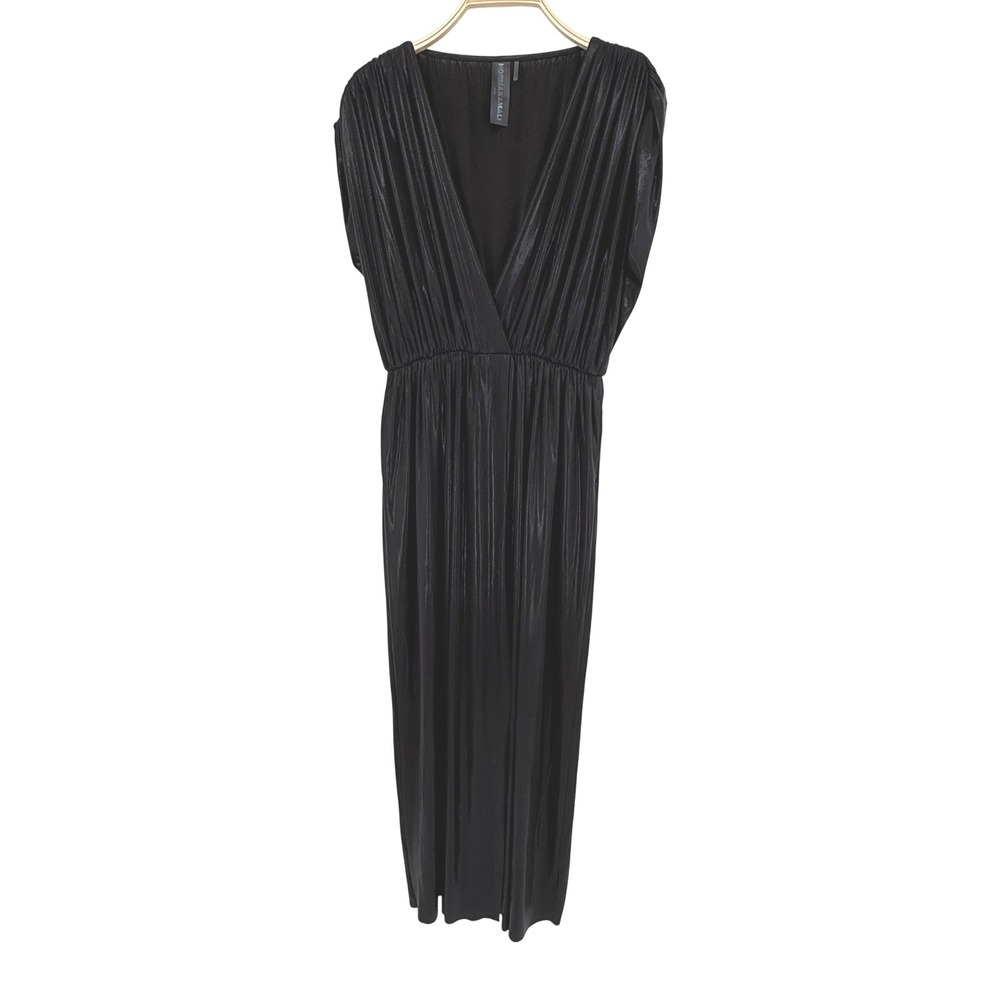 Norma‎ Kamali Dress Womens Medium M Black Metallic V-Neck Pleated Maxi